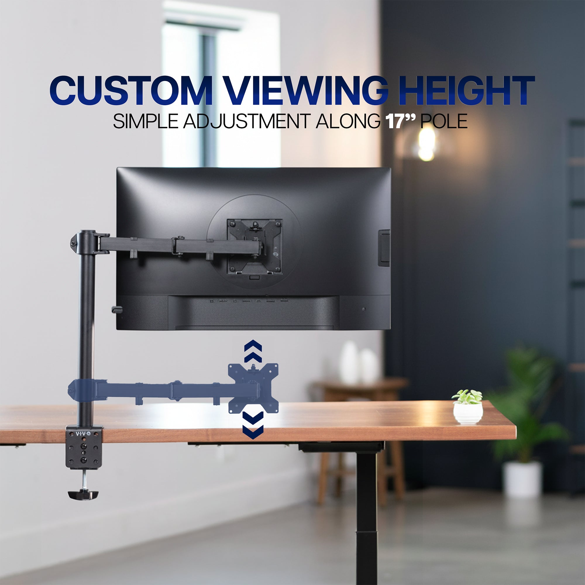 Monitor stand with customizable viewing height on a desk in a home office setting