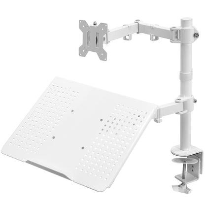 Fully adjustable single computer monitor and laptop desk mount allows you to display your laptop beneath your monitor screen for ergonomic placement.