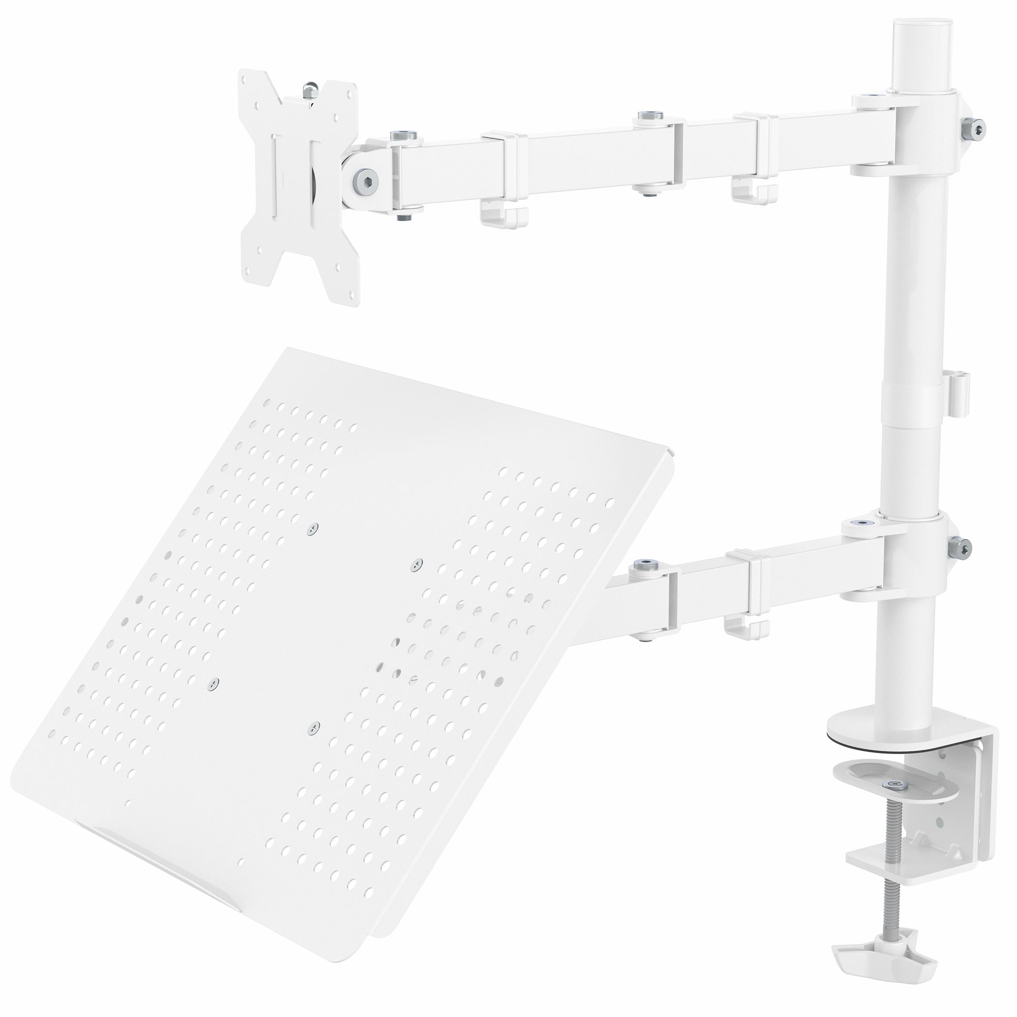 Fully adjustable single computer monitor and laptop desk mount allows you to display your laptop beneath your monitor screen for ergonomic placement.