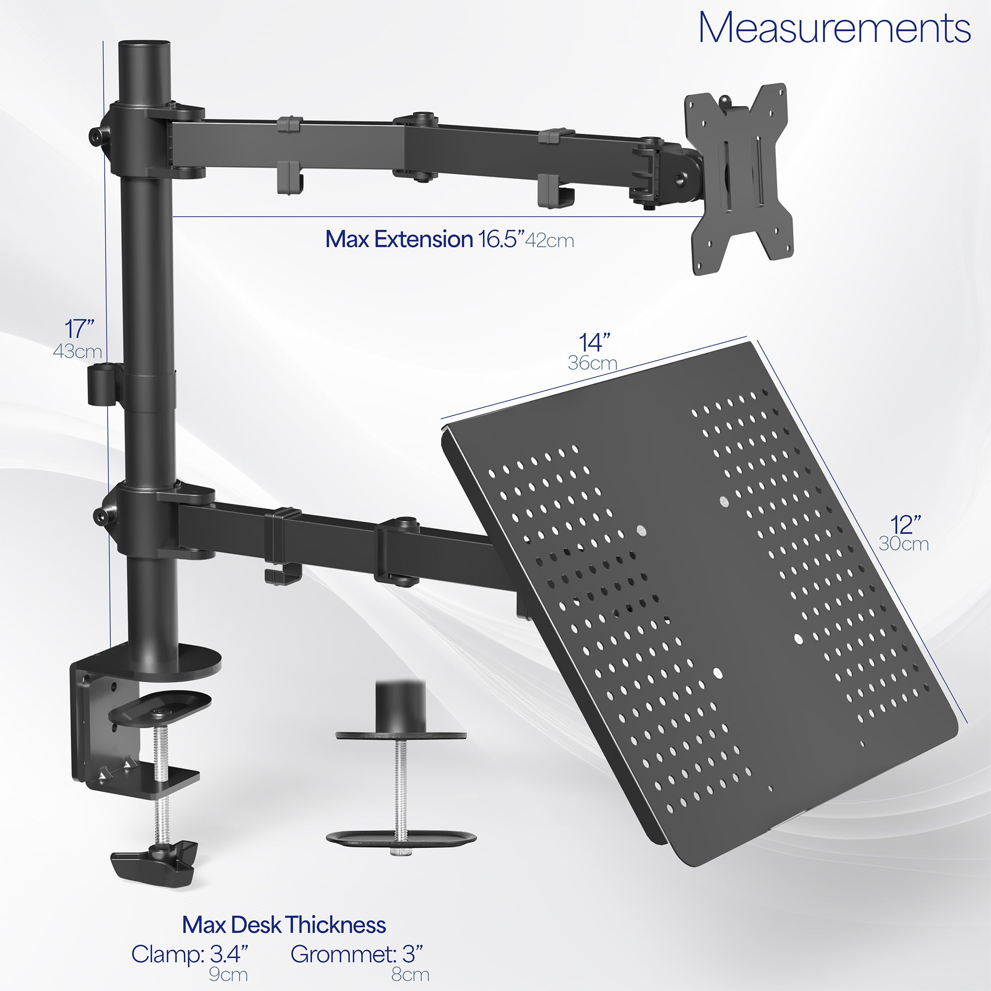 Fully adjustable single computer monitor and laptop desk mount allows you to display your laptop beneath your monitor screen for ergonomic placement.