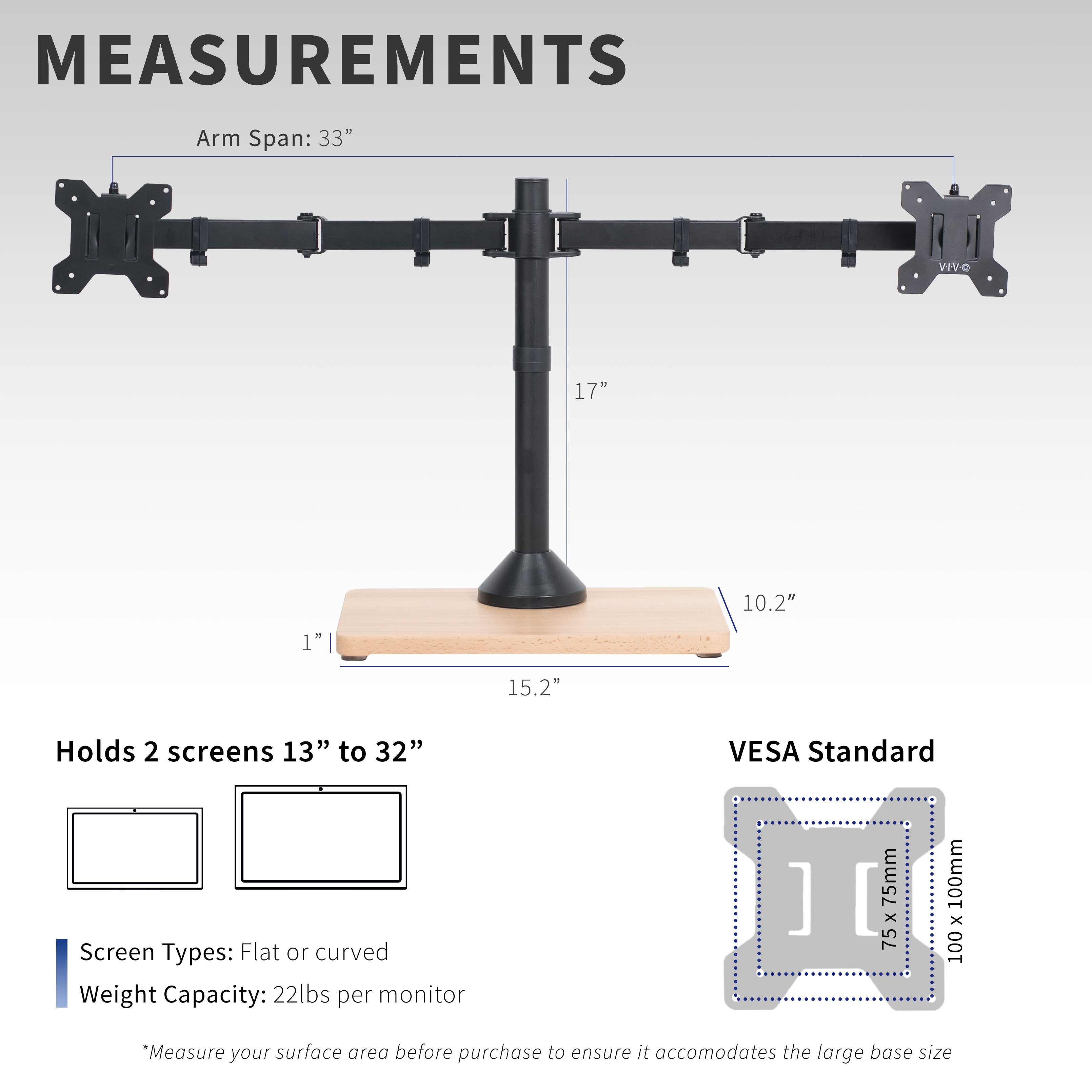 Dual 13” to 32” Monitor Desk Stand with Wood Base