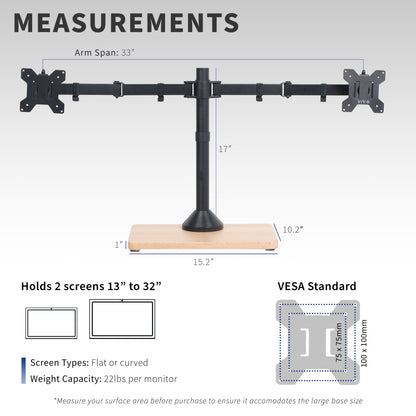 Dual 13” to 32” Monitor Desk Stand with Wood Base