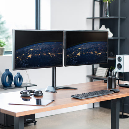 Sturdy adjustable dual monitor stand.