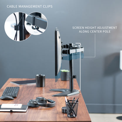 Sturdy adjustable dual monitor stand height adjustment and integrated cable management.