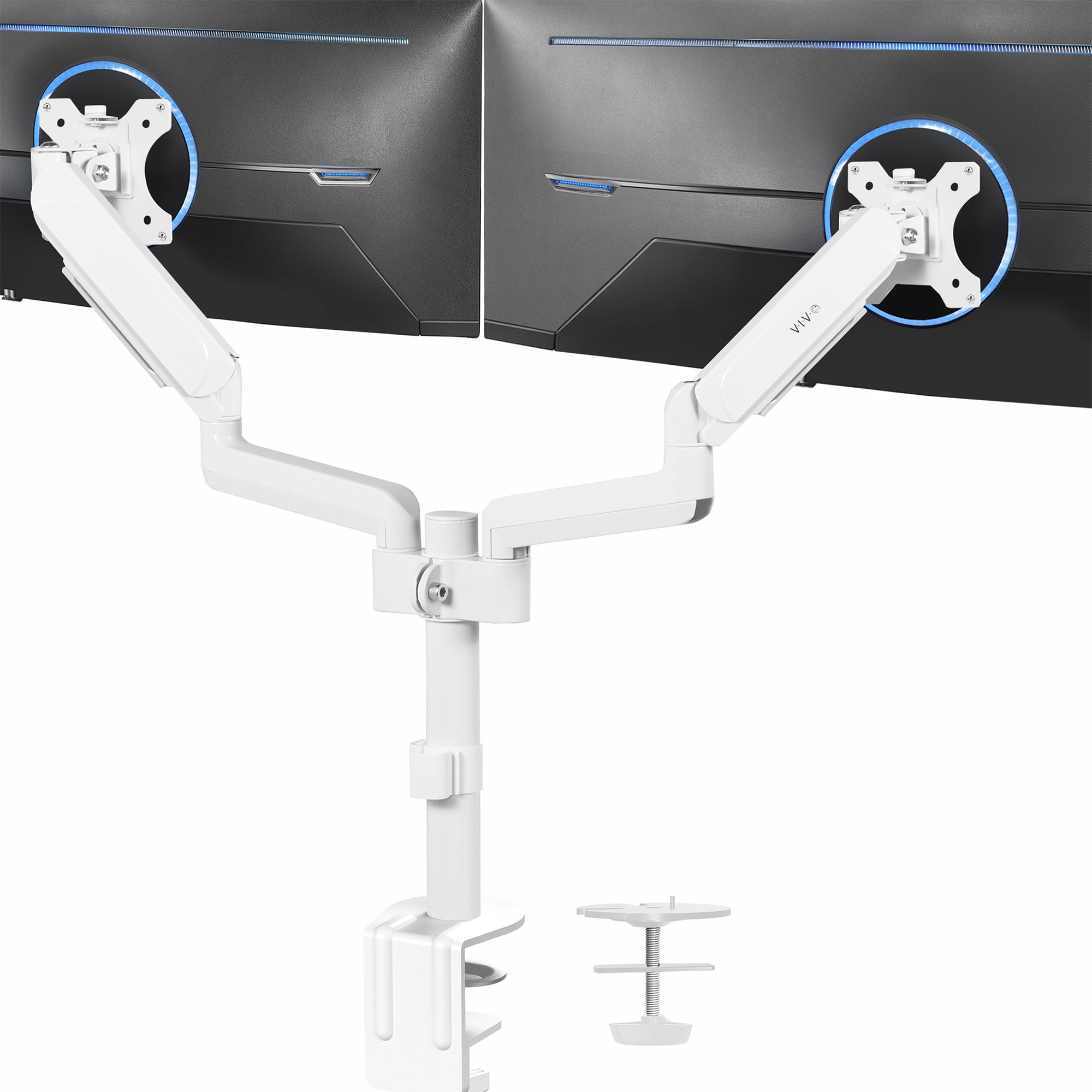 Sturdy adjustable pneumatic arm dual monitor ergonomic desk stand for office workstation.