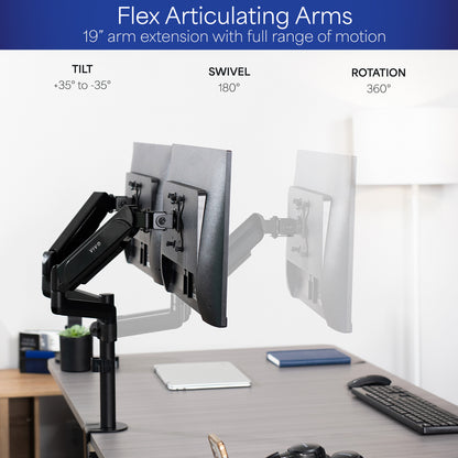 Sturdy adjustable pneumatic arm dual monitor ergonomic desk stand for office workstation.