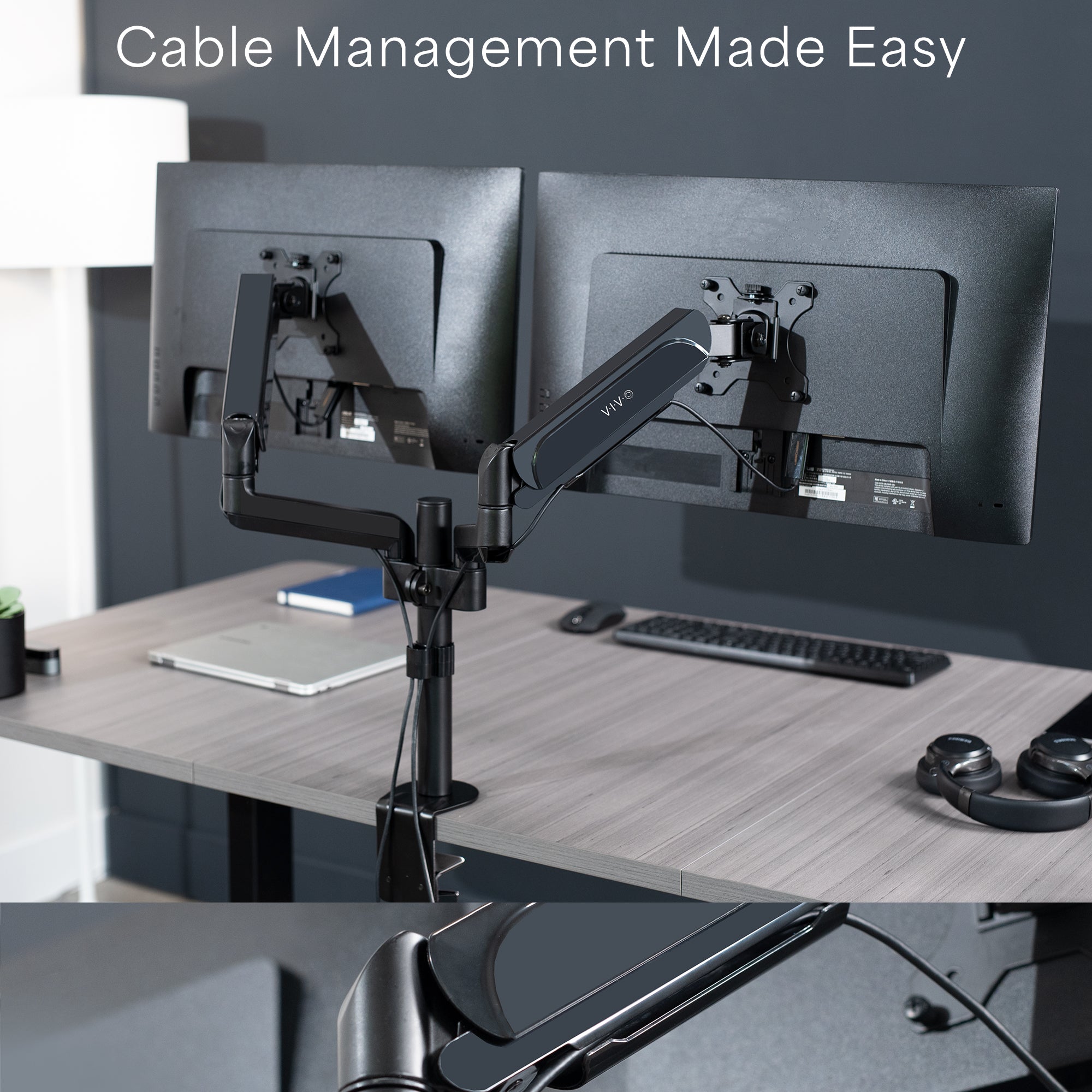 Sturdy adjustable pneumatic arm dual monitor ergonomic desk stand for office workstation.