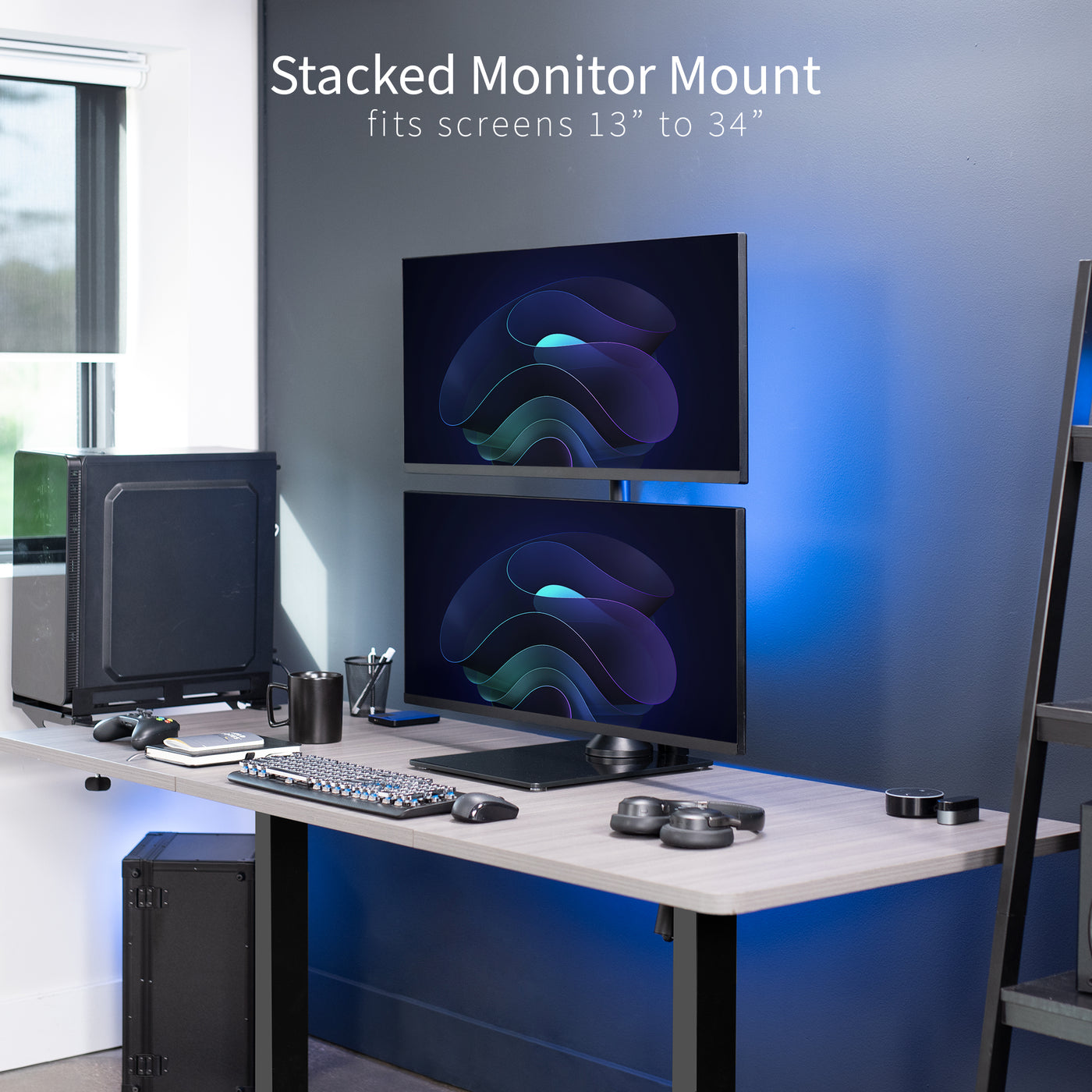 Tall dual monitor desk stand for stacked array with sturdy glass base.