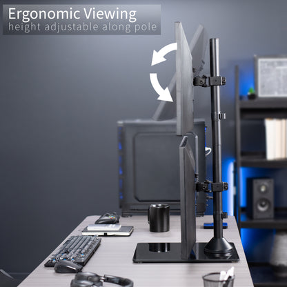 Tall dual monitor desk stand for stacked array with sturdy glass base and height adjustment.