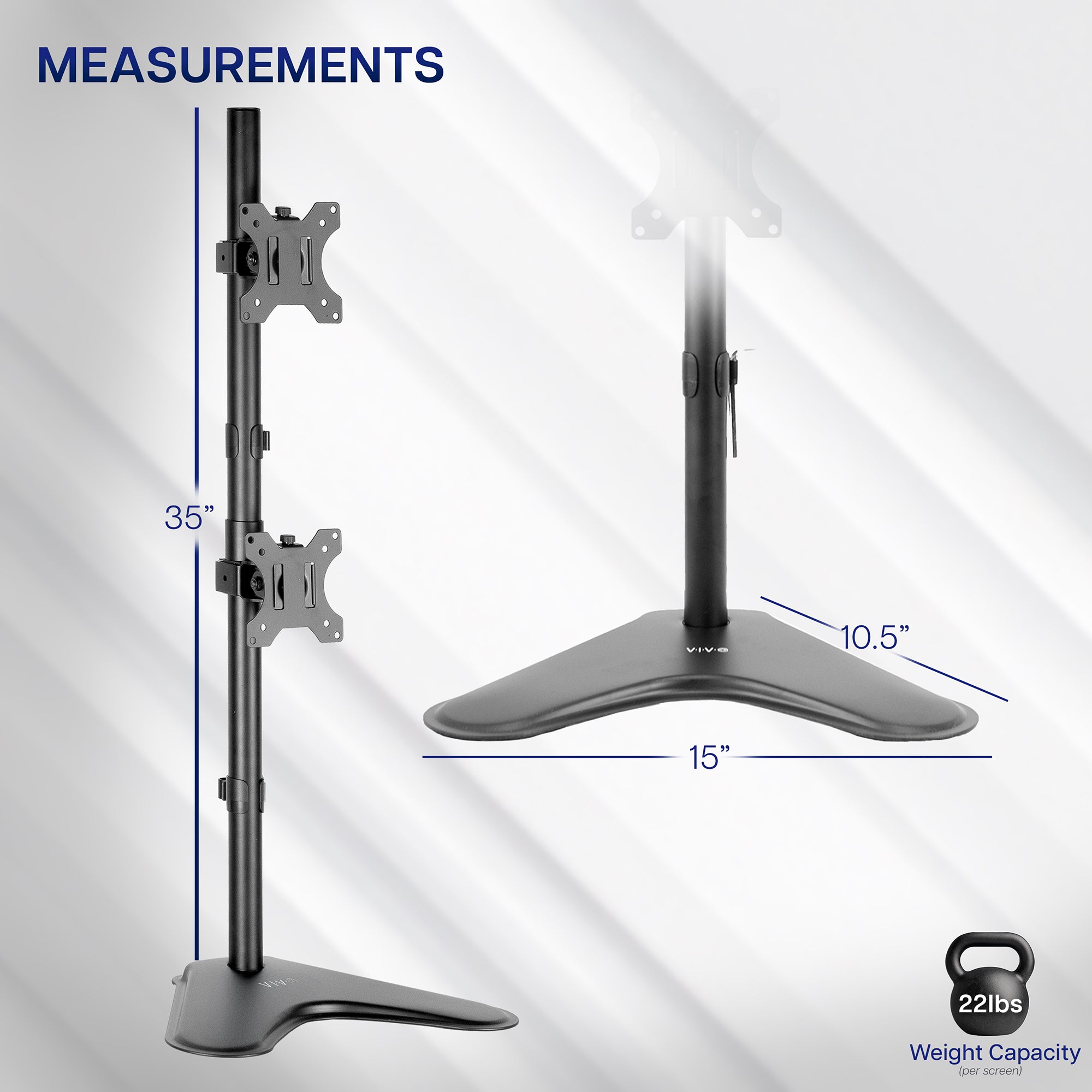 Sturdy dual monitor desk stand for stacked array.