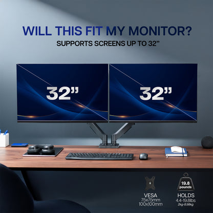 Two 32-inch monitors mounted on a monitor mount on a desk with text asking if it fits and supporting screens up to 32 inches.