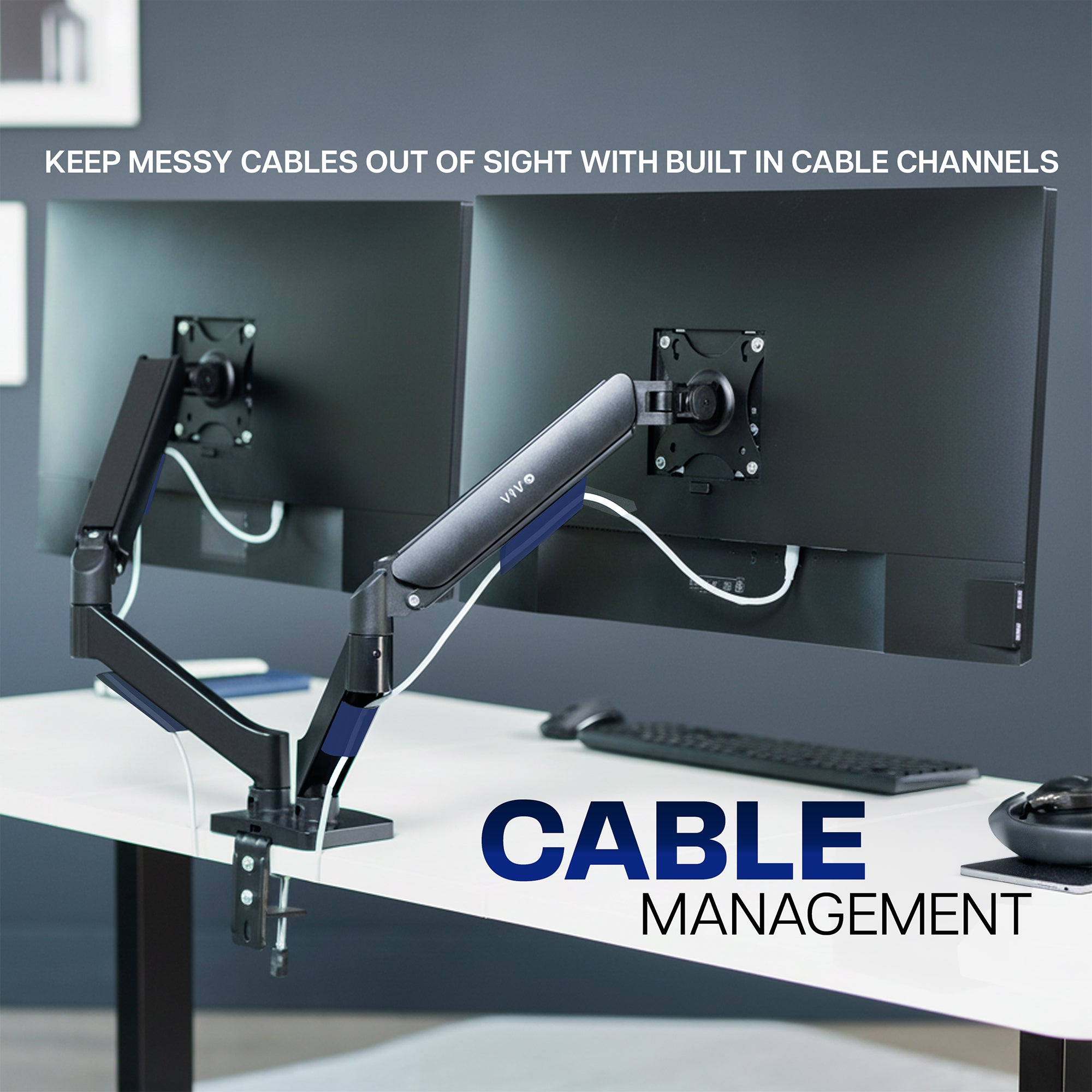 Dual mechanical arm monitor mount with cable management arm and text about keeping cables out of sight.