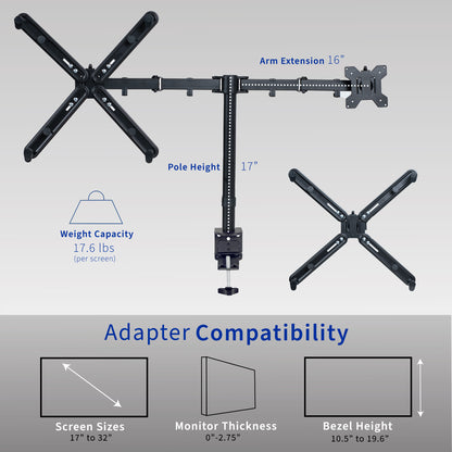 Dual 17" to 32" Monitor Desk Mount with VESA Adapter Bracket