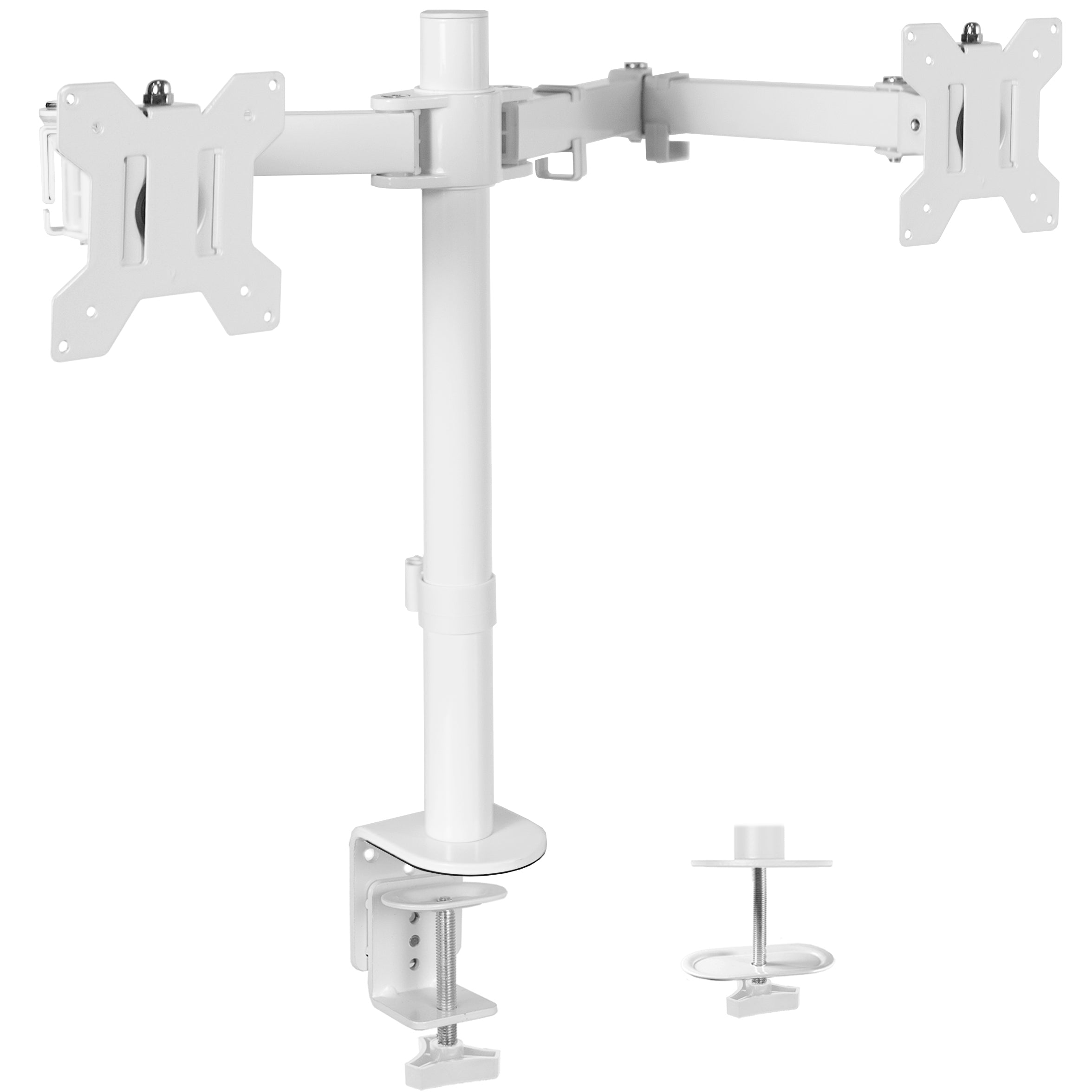 Sturdy adjustable dual monitor ergonomic desk mount for office workstation.