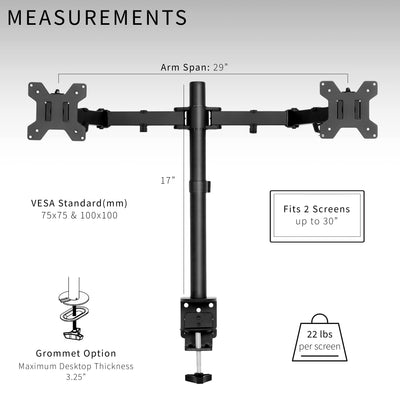 Dual monitor mount with universal VESA patterns and grommet clamp.