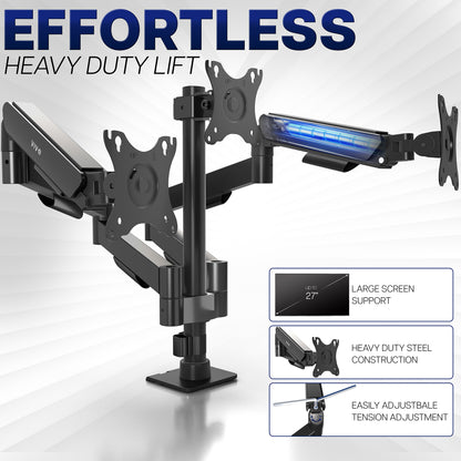 Heavy-duty monitor stand with text highlighting features on a white background
