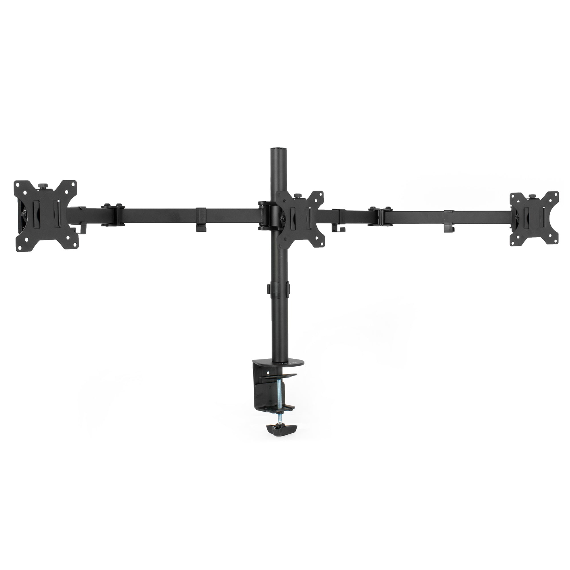 Sturdy height adjustable triple monitor desk mount.