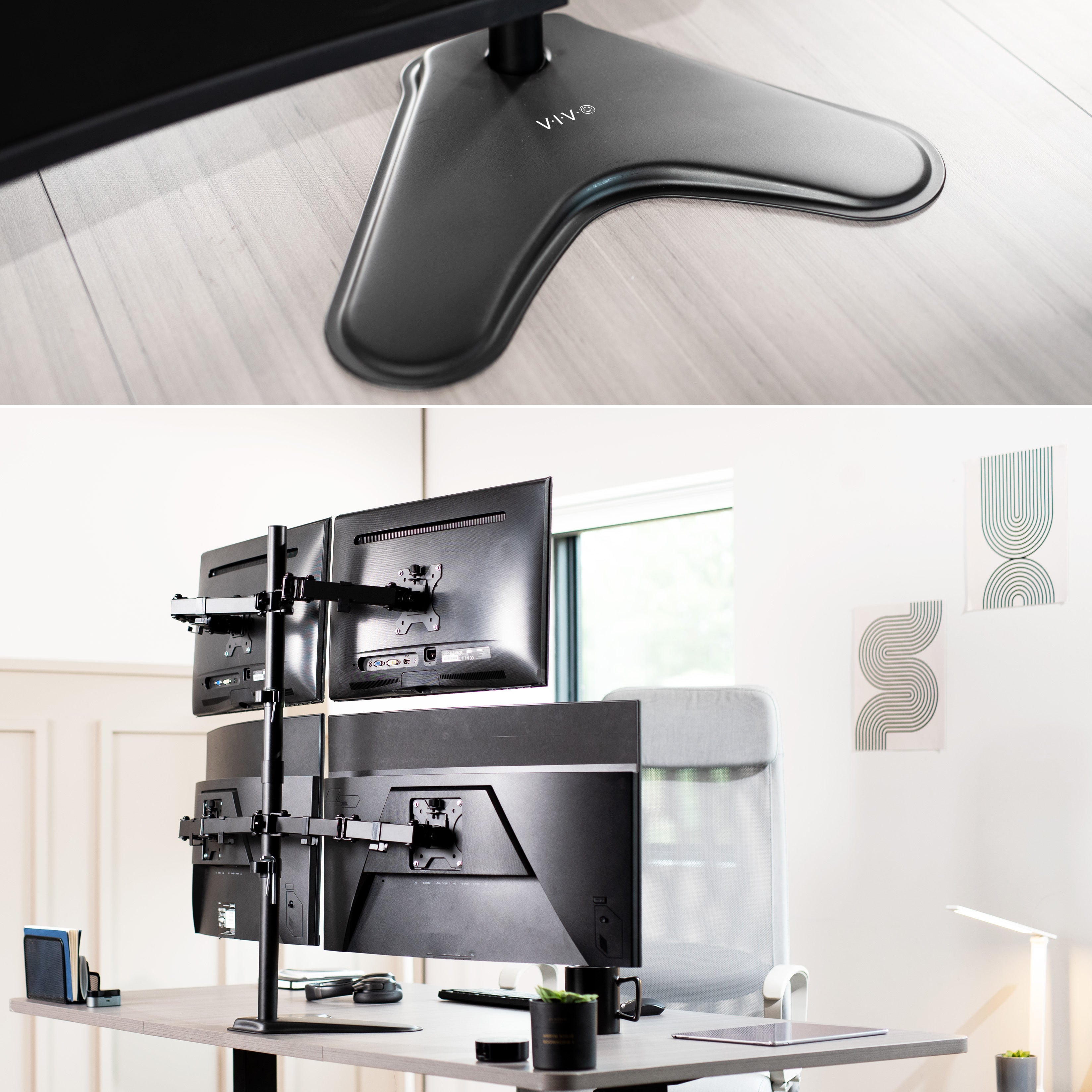 Quad Monitor Desk Stand holds 4 screens for work efficiency at your office desk. Features a freestanding base.