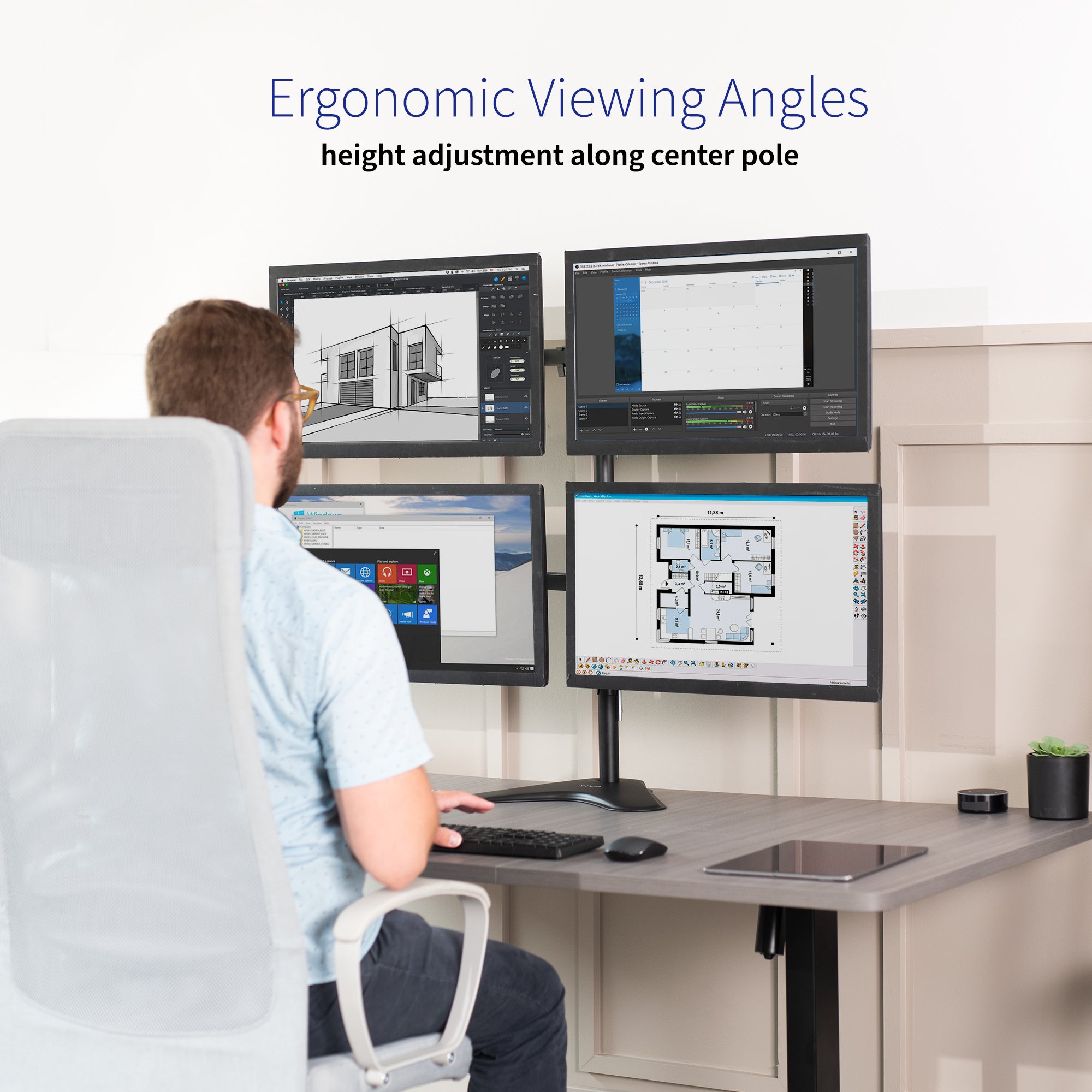 Quad Monitor Desk Stand holds 4 screens for work efficiency at your office desk. Features a freestanding base.