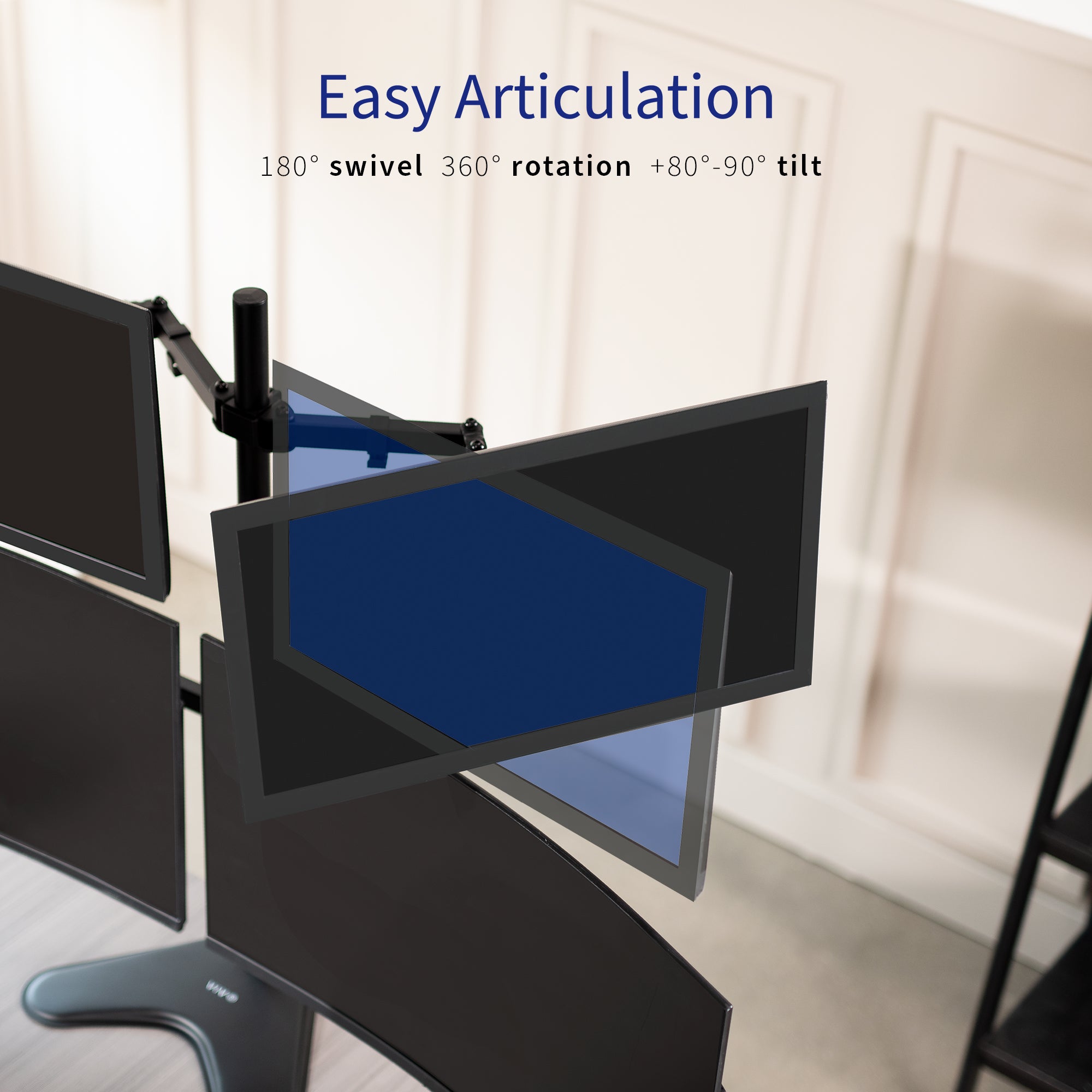 Quad Monitor Desk Stand holds 4 screens for work efficiency at your office desk. Features a freestanding base.