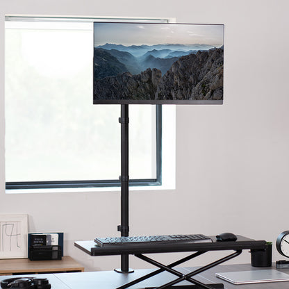Extra tall desk mount for single monitor provides sit or stand application for the user, flexible viewing angles, and tall screen placement.