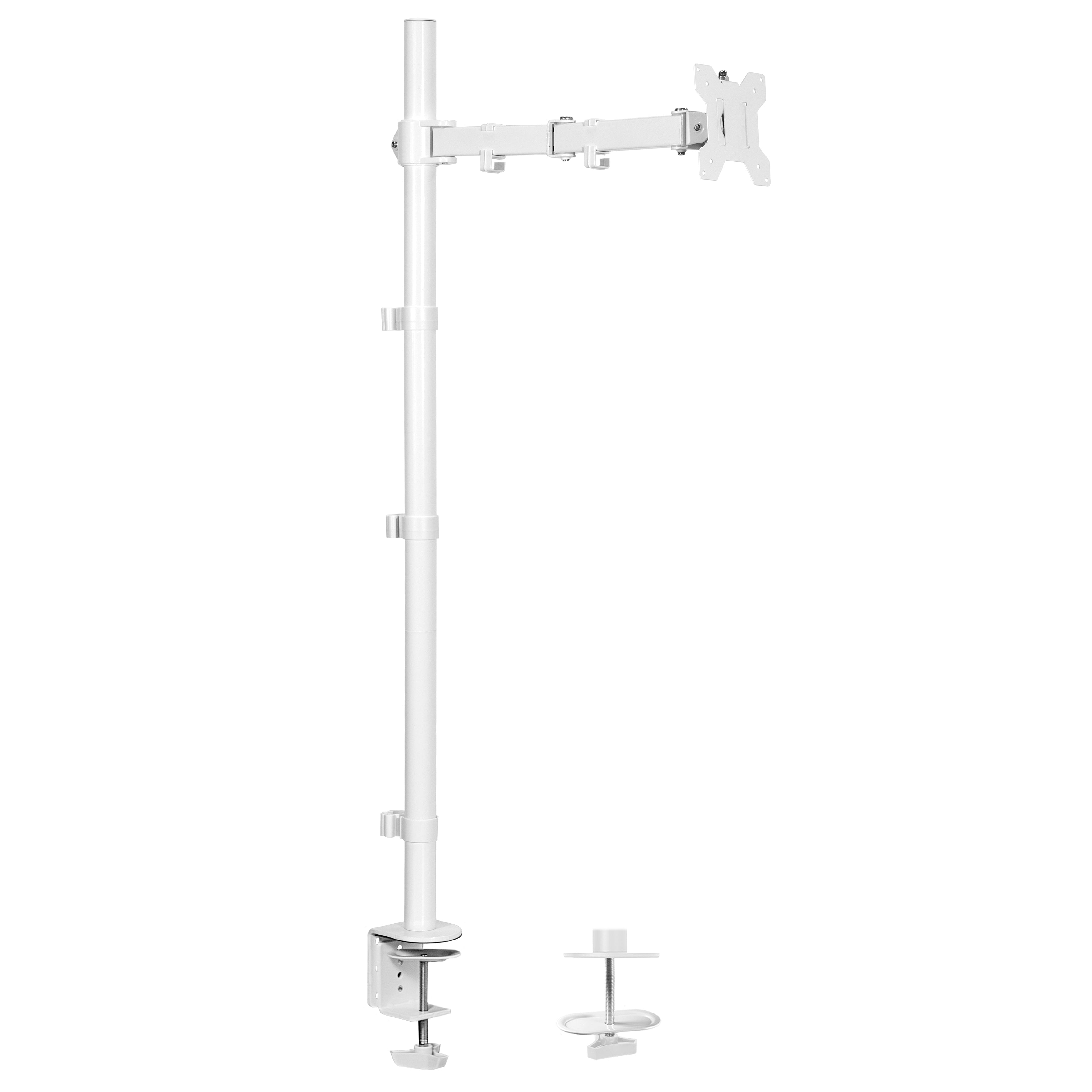 Extra tall desk mount for single monitor provides sit or stand application for the user, flexible viewing angles, and tall screen placement.