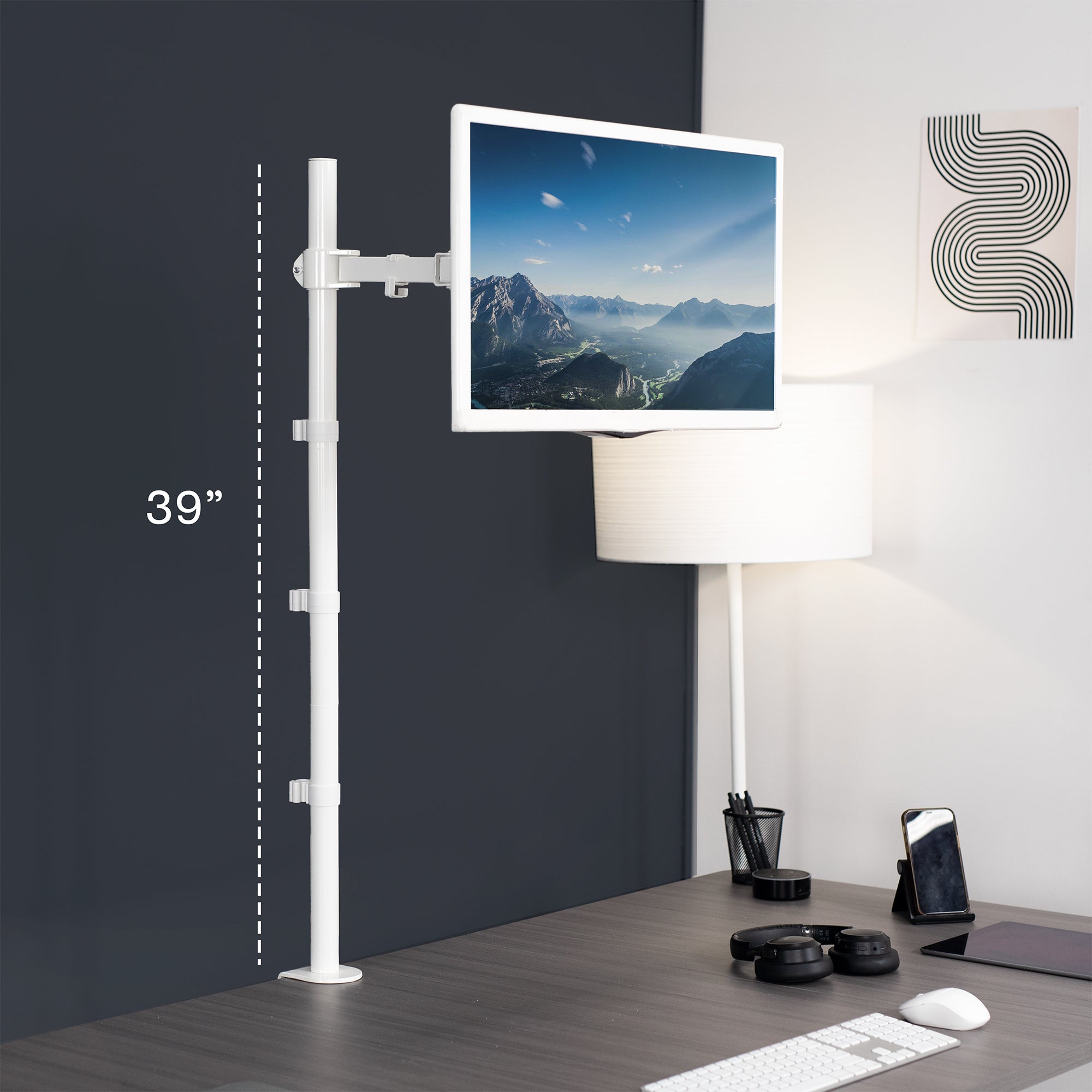 Extra tall desk mount for single monitor provides sit or stand application for the user, flexible viewing angles, and tall screen placement.