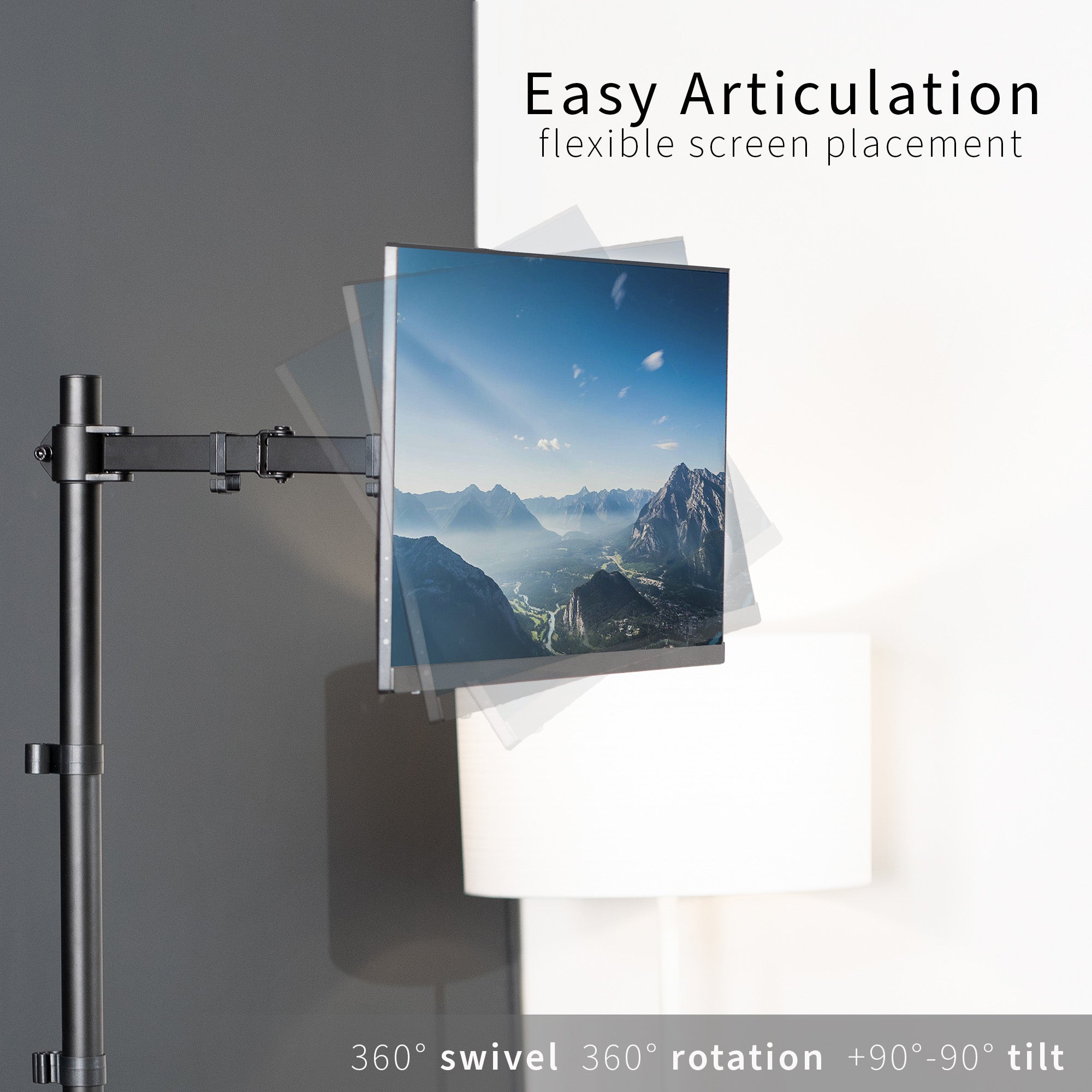 Extra tall desk mount for single monitor provides sit or stand application for the user, flexible viewing angles, and tall screen placement.