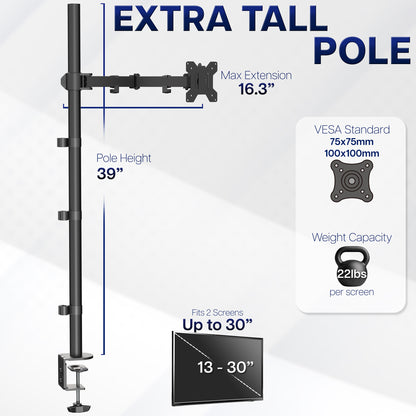 Measurements and specifications of an extra tall monitor stand on a white background