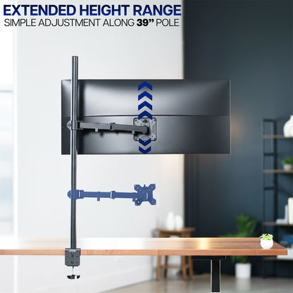 Height adjustment range of extra tall monitor stand mounted to desk in office space.