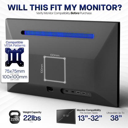Monitor stand with compatibility information on a white background