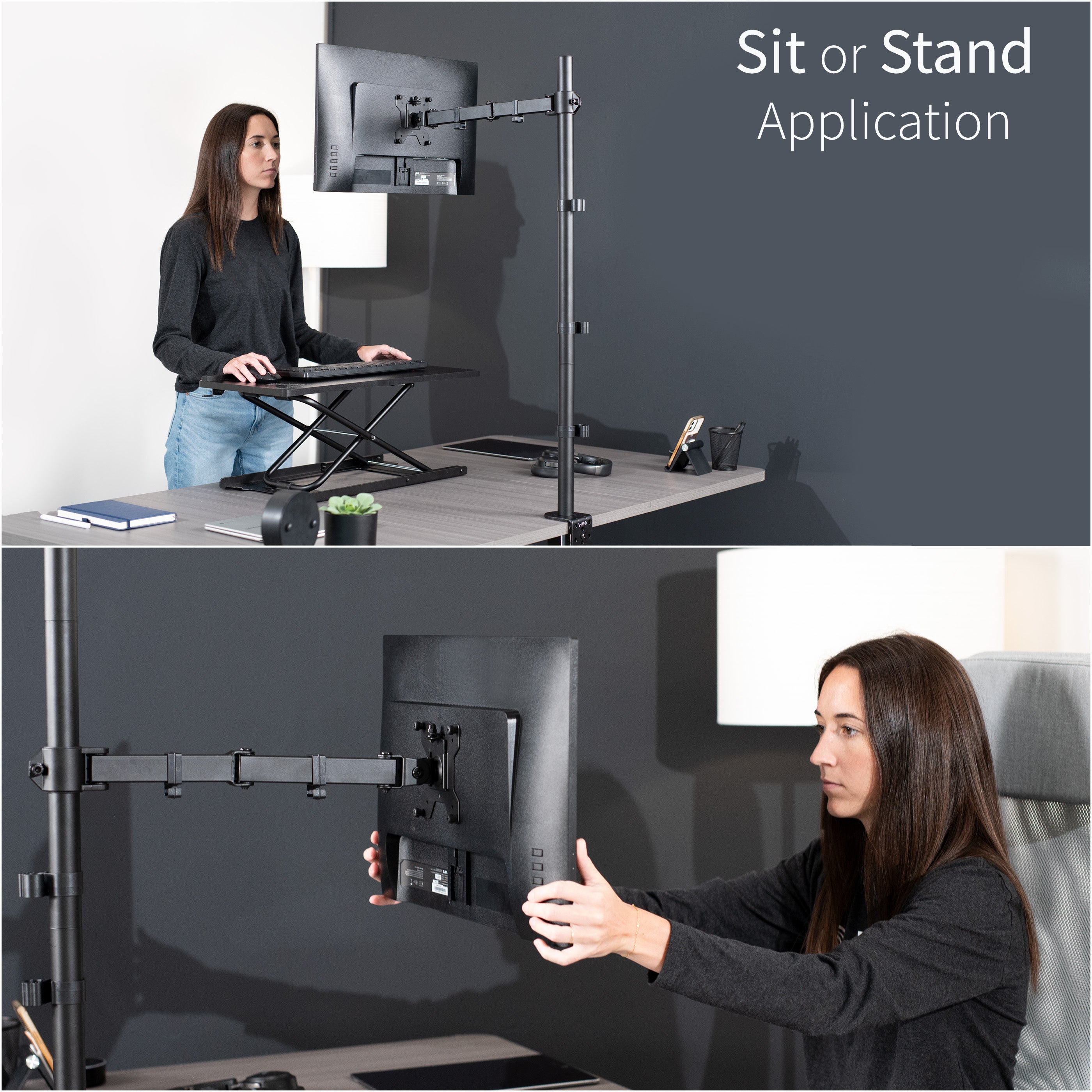 Extra tall desk mount for single monitor provides sit or stand application for the user.