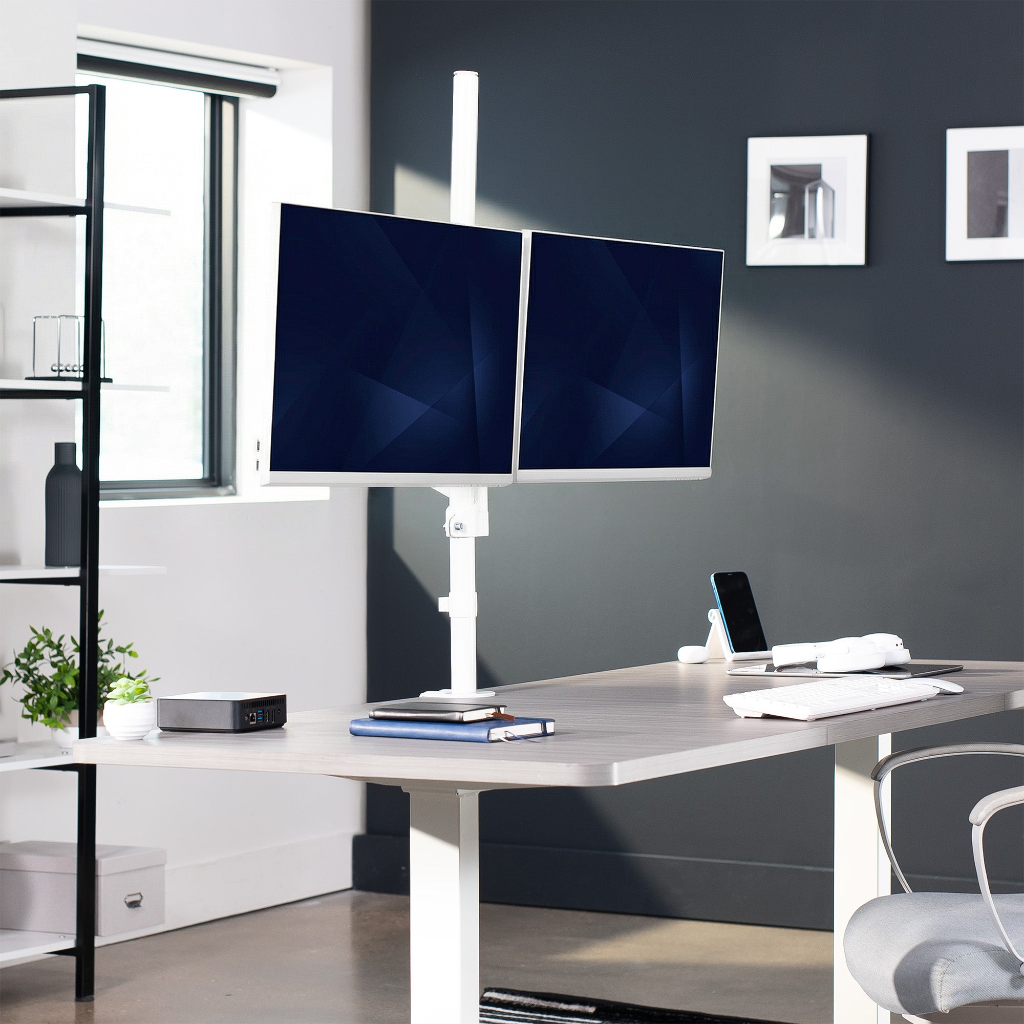 Pneumatic Arm Dual 17" to 32" Monitor Extra Tall Desk Mount on desk in home office space