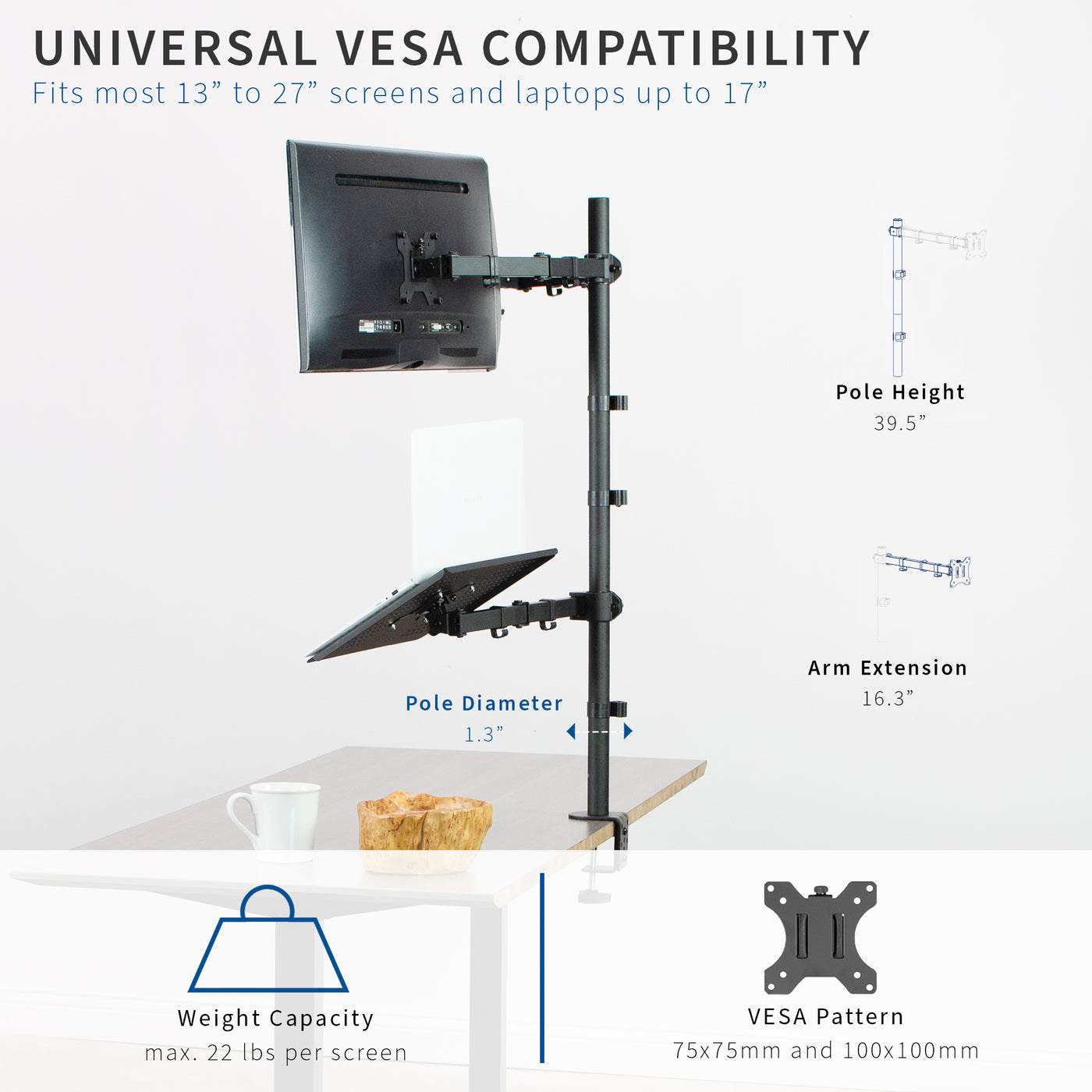 Dual Monitor Extra Tall Desk Mount and Laptop Holder with Universal VESA Compatibility