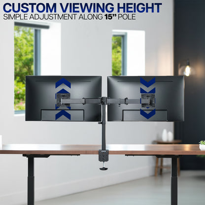 Dual monitor stand with customizable viewing height along the 15" pole