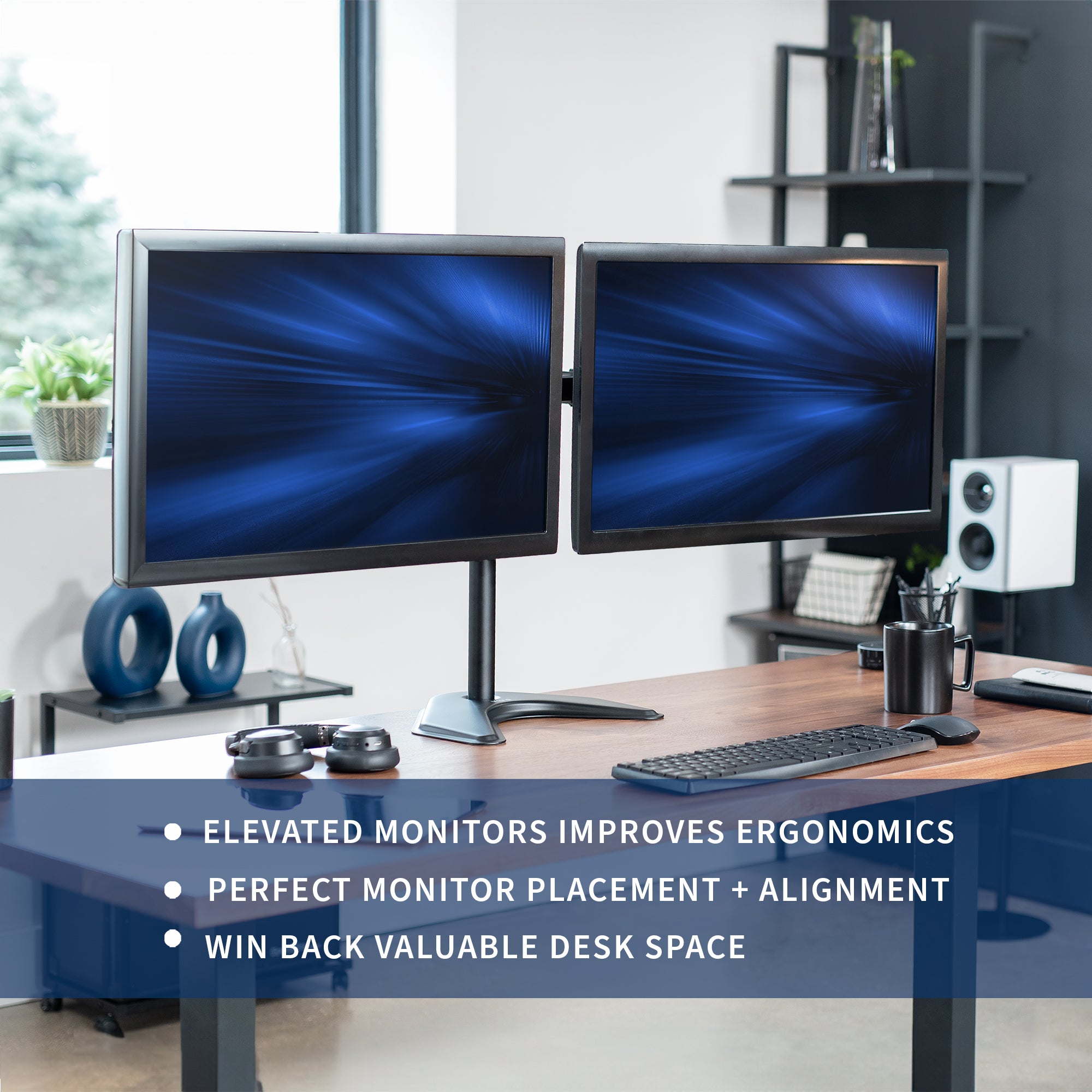 Enjoy ergonomic viewing angles with our freestanding dual monitor stand. 