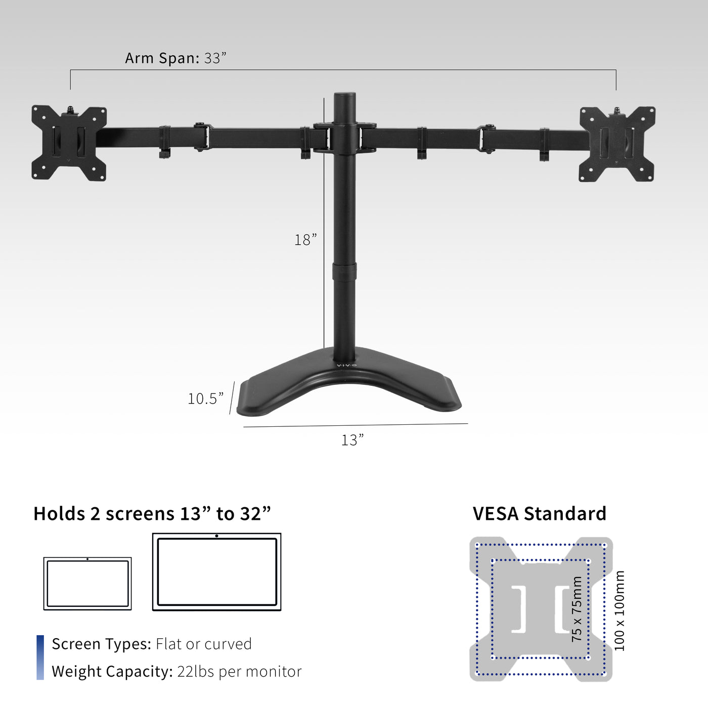 Enjoy ergonomic viewing angles with our freestanding dual monitor stand. 
