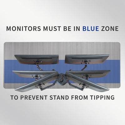 Make sure the monitors do not extend past the center of the base to ensure balance.