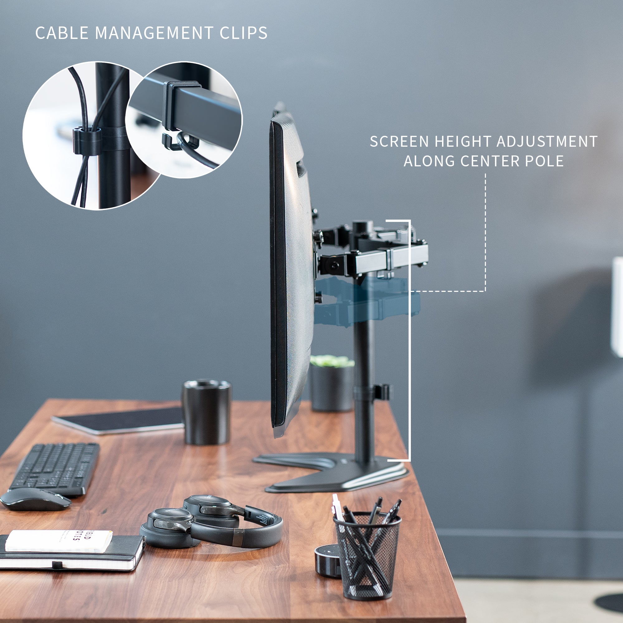 Enjoy ergonomic viewing angles with our freestanding dual monitor stand. 