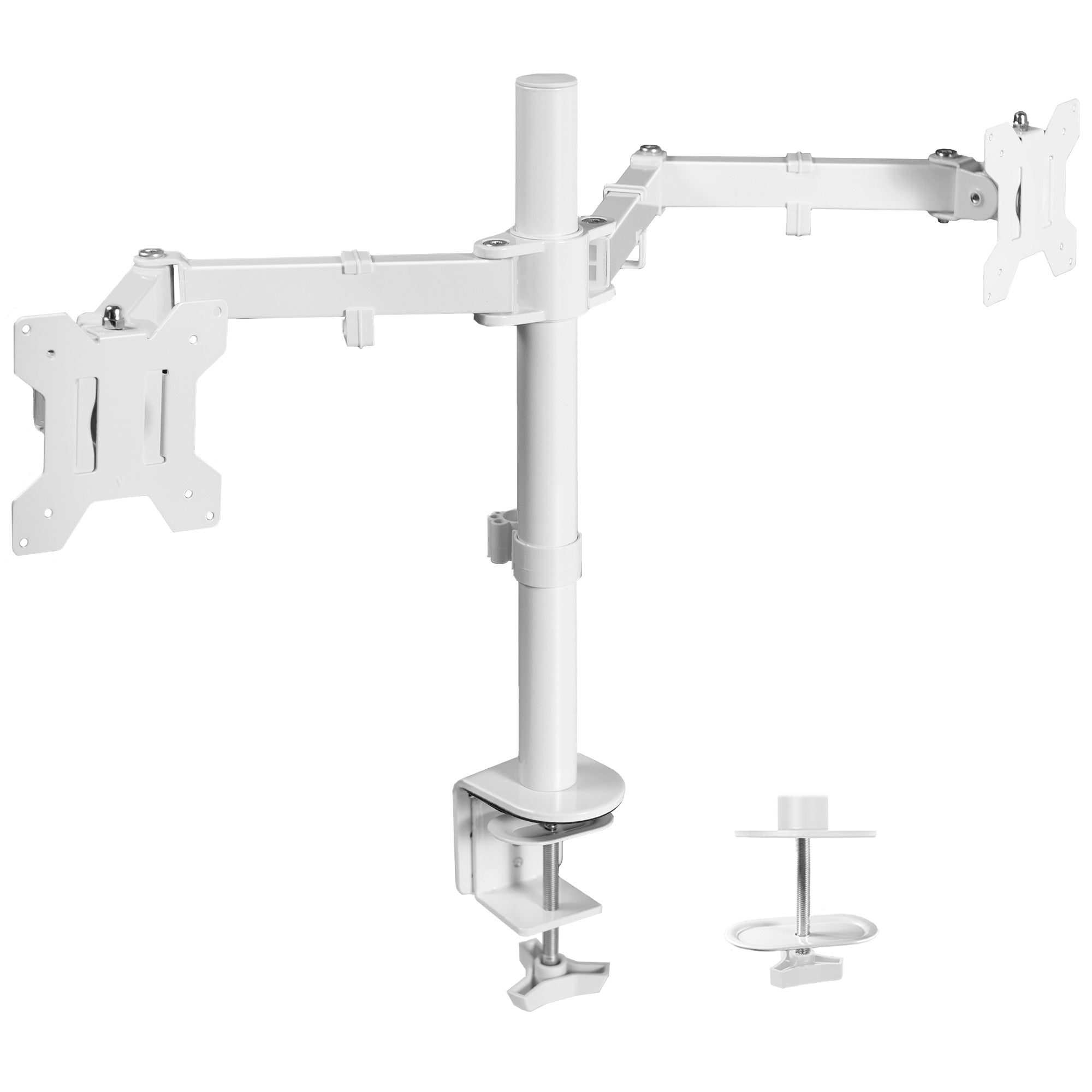 Sturdy adjustable dual monitor ergonomic desk mount for office workstation.