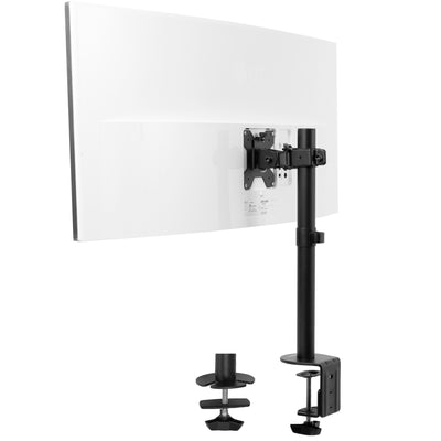 Single ultrawide monitor mount for large screens to be held at a comfortable viewing angle.