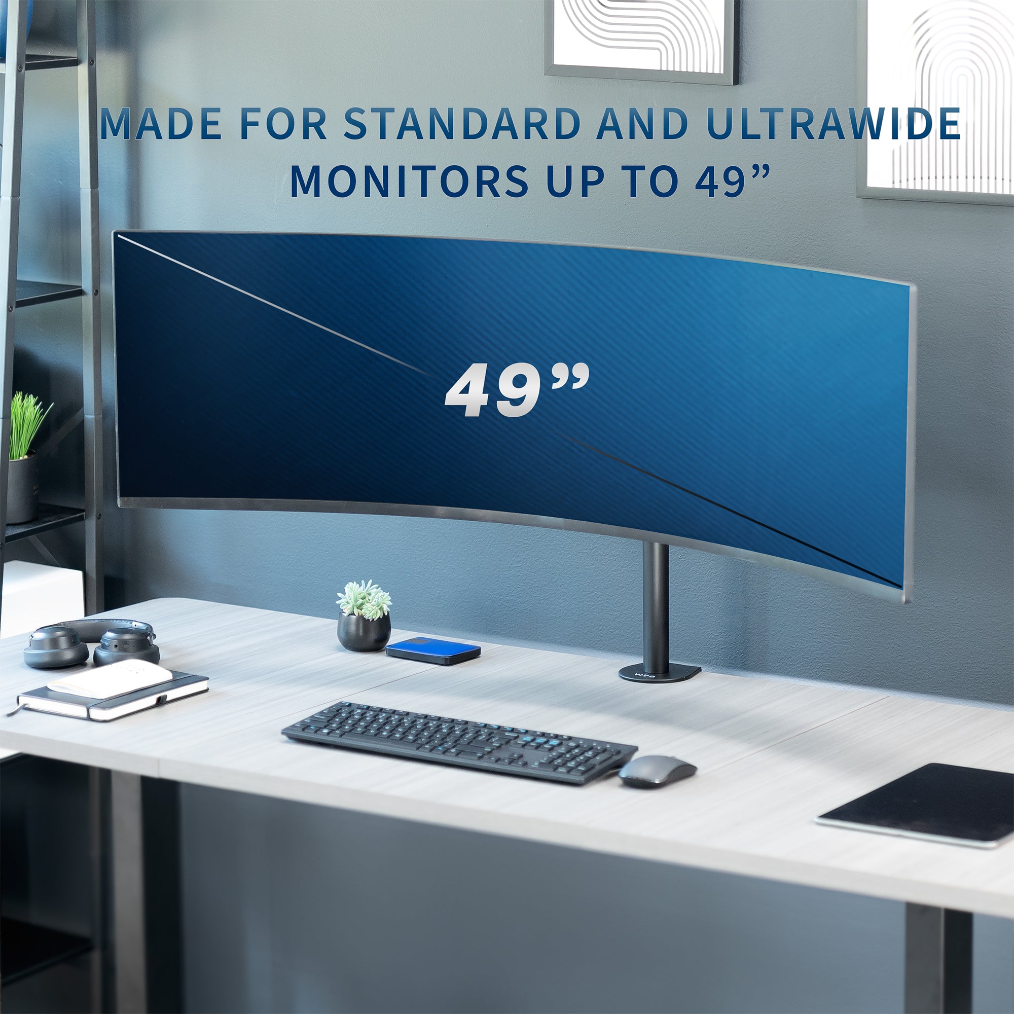 Single ultrawide monitor desk mount in an office setting.