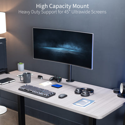 Single ultrawide monitor mount for large screens to be held at a comfortable viewing angle.