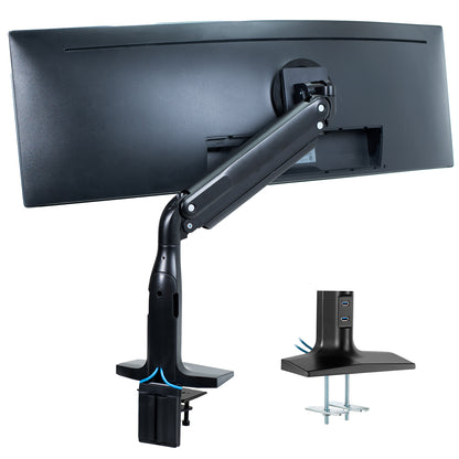 Sturdy adjustable pneumatic arm single ultrawide monitor ergonomic desk mount with USB ports for office workstation.