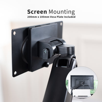 Sturdy adjustable pneumatic arm single ultrawide monitor ergonomic desk mount with USB ports for office workstation.