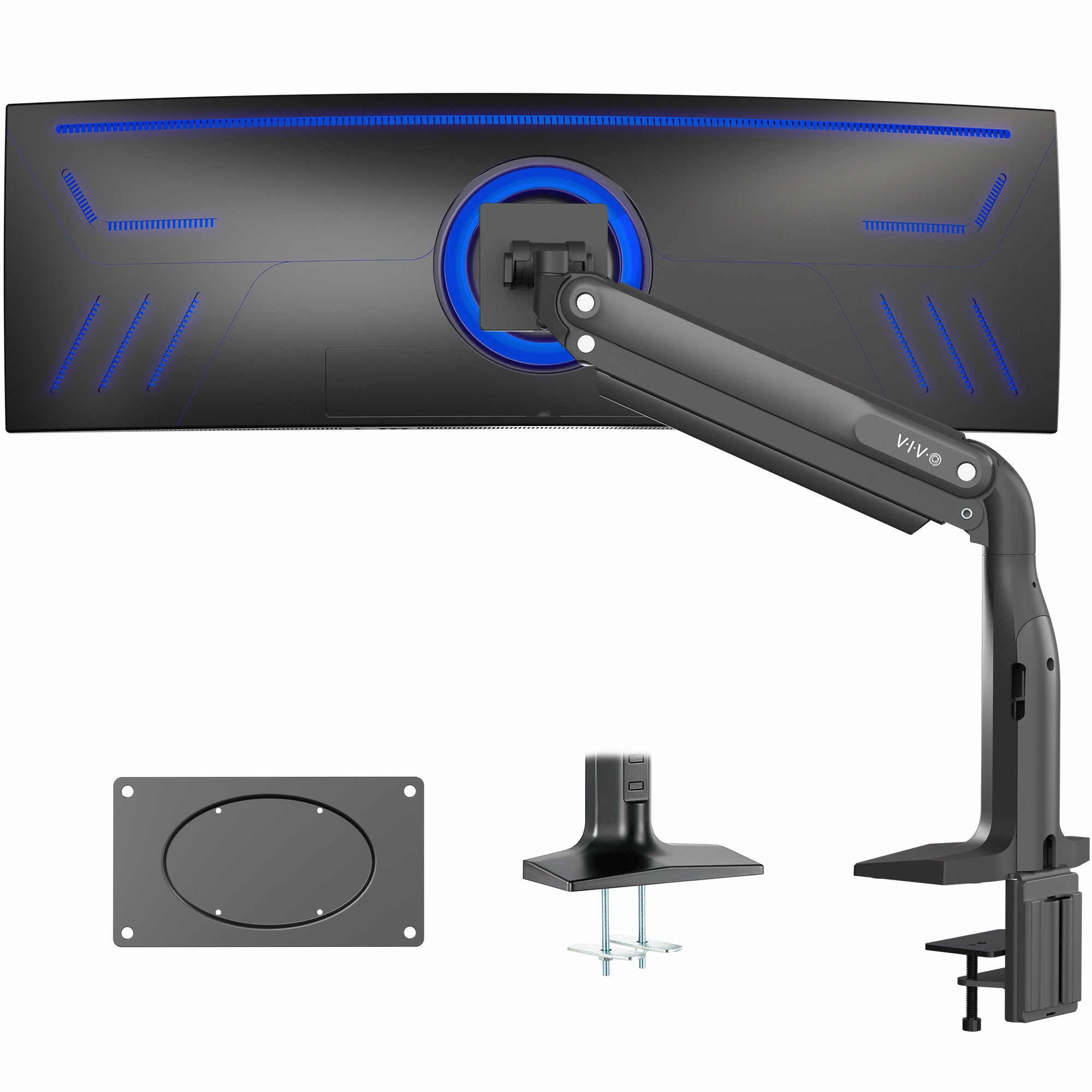 Monitor stand with monitor, arm, and additional components on a white background