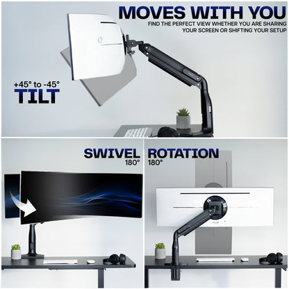 Monitor arm with tilt, swivel, and rotation features on a desk setup.