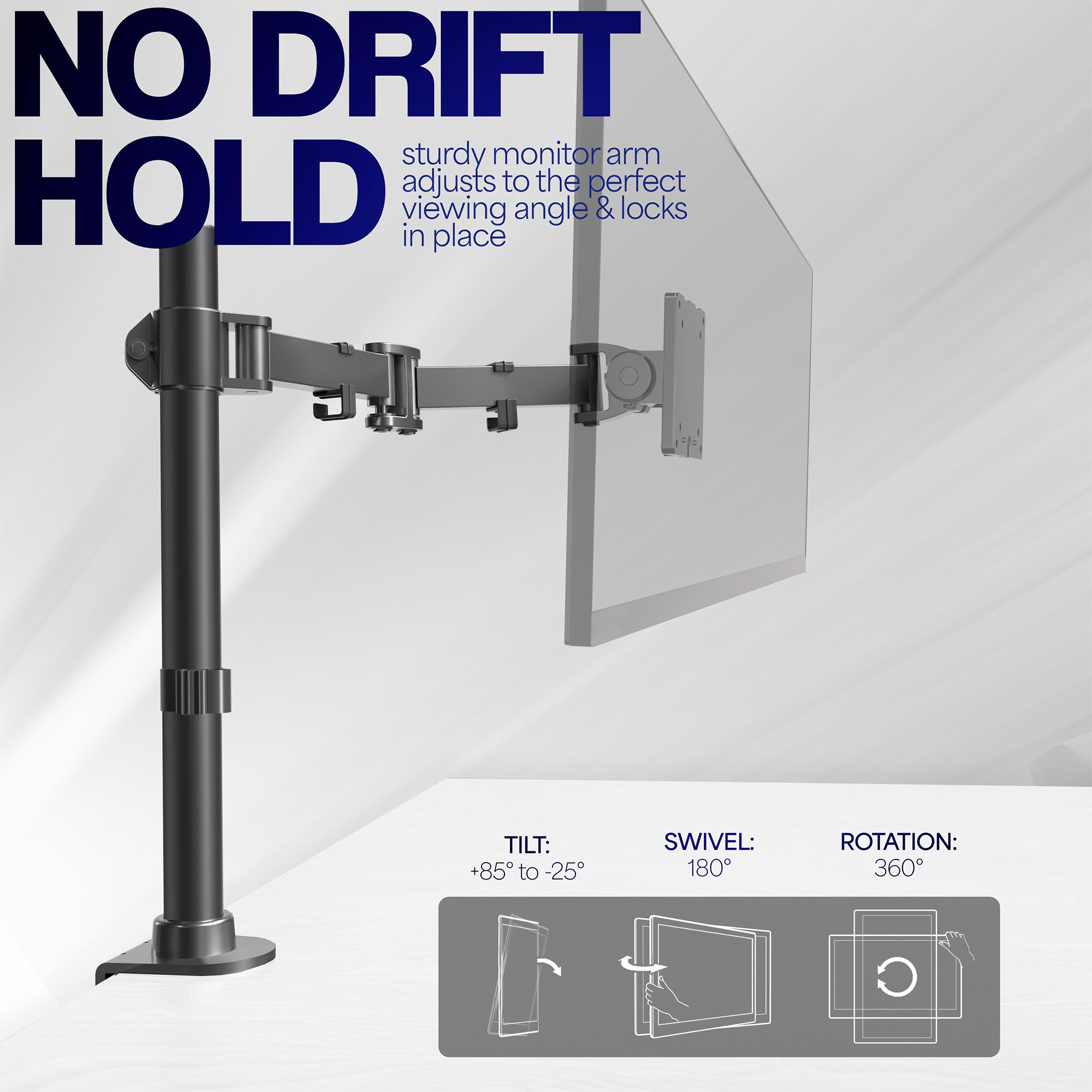 Sturdy monitor arm adjusts to the perfect viewing angle and locks in place, no drifting. 