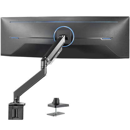 Sturdy adjustable pneumatic arm single ultrawide monitor ergonomic desk mount for office workstation.