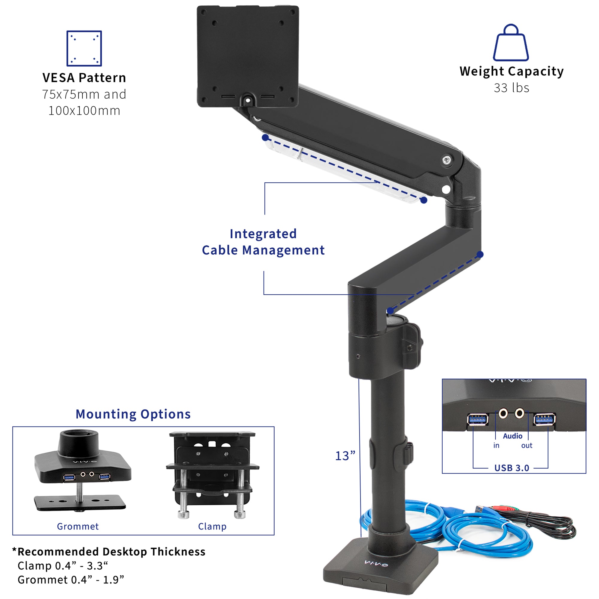 Sturdy adjustable pneumatic arm single ultrawide monitor ergonomic desk mount with USB ports for office workstation.